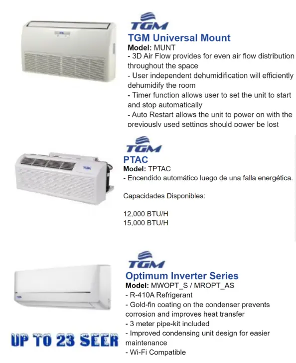 TGM -Aires acondiciionados modelos MUNT, TPTAC y MWOPT